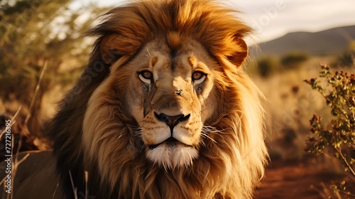 Lion in natural habitat looking into camera © TAMA KUN