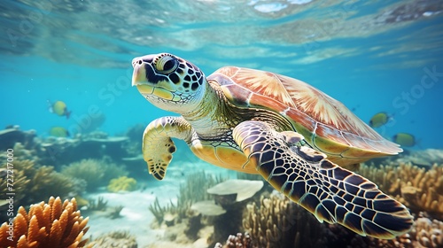 Green sea turtle swimming underwater on coral reef. Sea tortoise in the ocean.