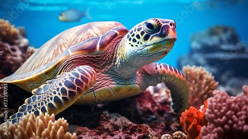 Green sea turtle on coral reef with corals and tropical fish. © TAMA KUN