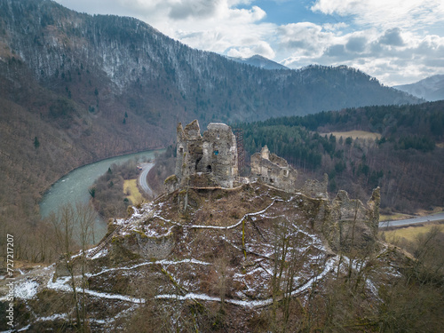 Aerial view of Strecno castle, Slovakia.   photo