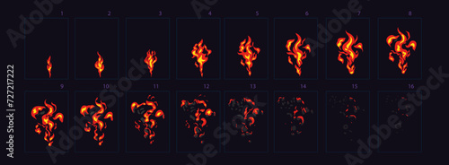 Fire explosion animation. Fire animation sprites sheet, torch, campfire, fire trap, fire pillar vector flame video frames for game design