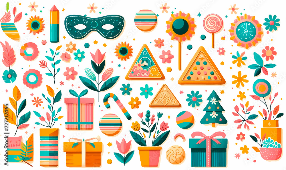 merry Purim, colorful background with festive elements, masks and confetti, gifts, no title