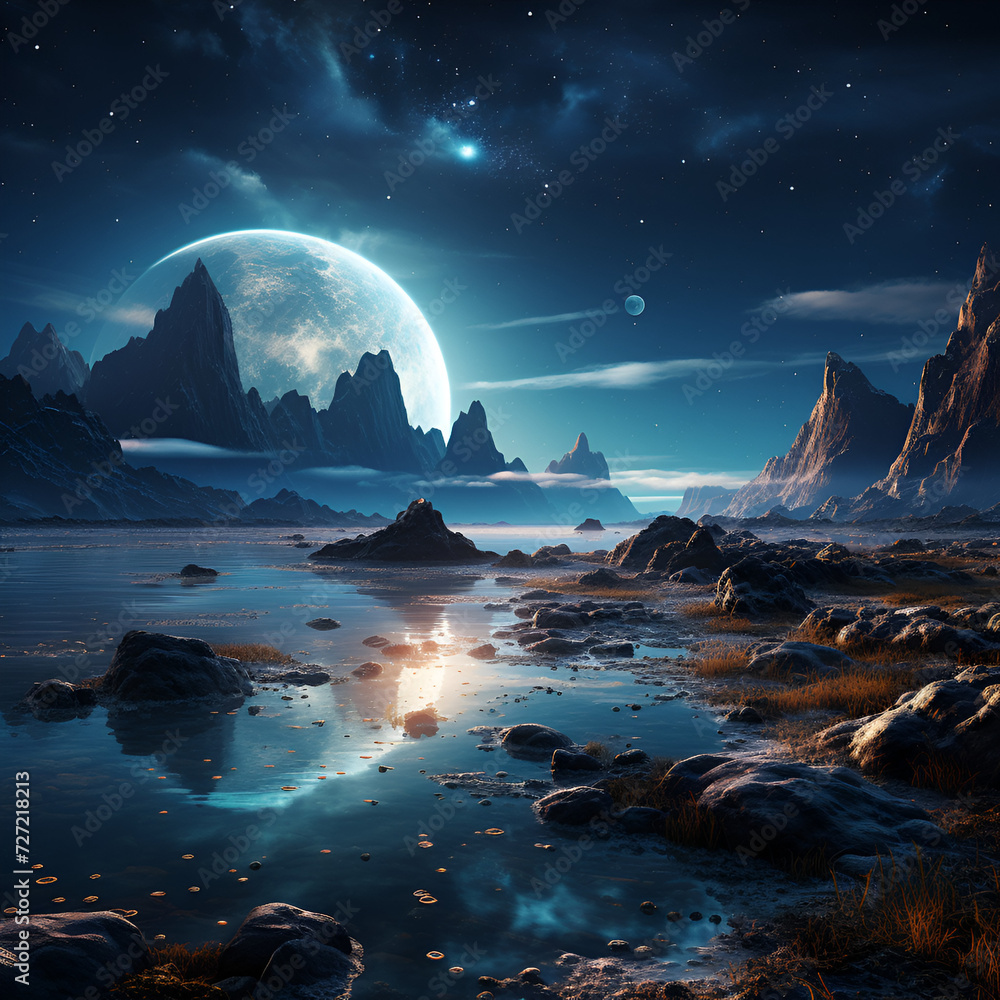A moon over a lake with rocks and water.AI Generative
