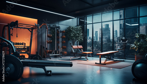 Interior of a gym with dumbbells