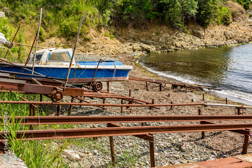 Fishermen village details. Blue old fishing boat, nobody. Black Sea, Bulgaria, spring time