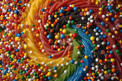An overhead view of a mesmerizing mosaic of colorful candies, creating a vibrant backdrop