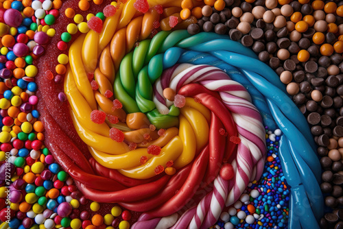 An overhead view of a mesmerizing mosaic of colorful candies, creating a vibrant backdrop