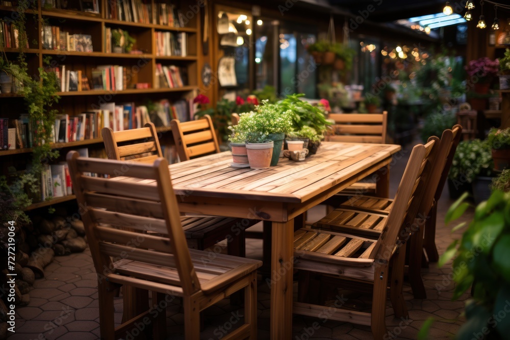 Wooden outdoor furniture in a cozy greenhouse bookstore with plants
