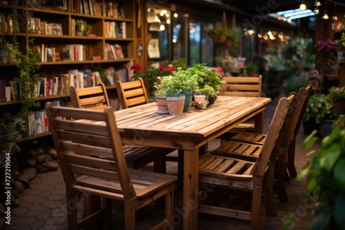 Wooden outdoor furniture in a cozy greenhouse bookstore with plants