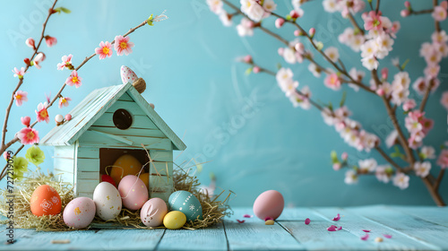 Birdhouse With Eggs and Flowers on a Table photo