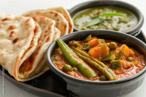 Spicy Indian curry with bhindi  mixed veg  and roti.