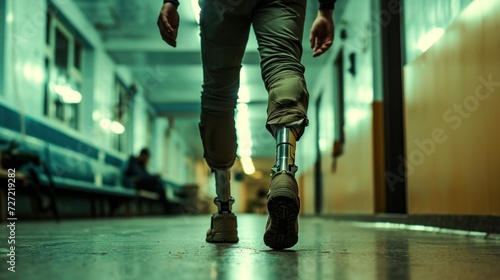 Back view of man with a prosthetic leg walking through hallway