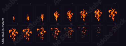 Fire explosion animation Sprites sheet of fire, torch, campfire, fire trap, fire pillar vector flame video frames for game design