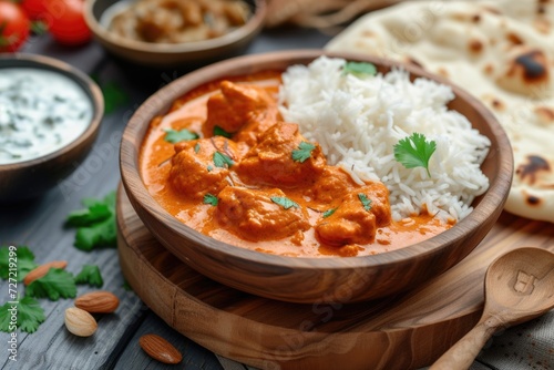 Spicy chicken curry with rice and naan