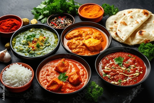 Indian cuisine in ceramic bowls on black stone table