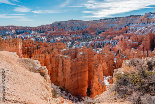 Bryce canyon national park in winter, unique rock formations in utah covered in snow, orange rocks in snow, cold winter in the usa © navintar