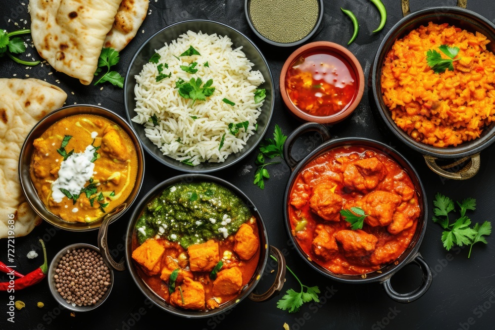 Indian cuisine Curry butter chicken rice lentils paneer samosa spices. Indian cuisine Curry butter chicken rice lentils paneer samosa spices.