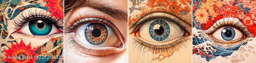 Enhances eye depth and texture using subtle techniques. Combines realistic anatomy with artistic elements. Uses surreal color gradients and stylized reflections to create a unique look. photo