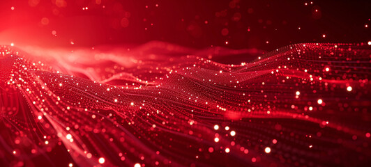 Red abstract background with network mesh and particle connections, wavy background