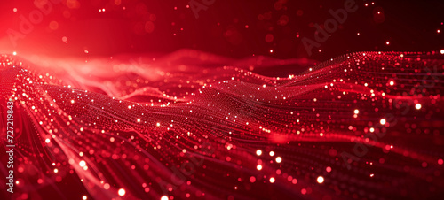 Red abstract background with network mesh and particle connections, wavy background © lin