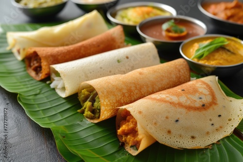 South Indian food served on banana leaf with chutneys photo