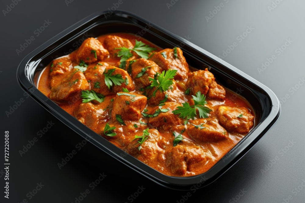 Indian butter chicken curry dish served in black plastic container for food delivery to home