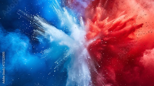 Vibrant tricolor French flag explodes with blue, white, and red paint powder on a separate backdrop to represent the country's culture, festivities, and sports.