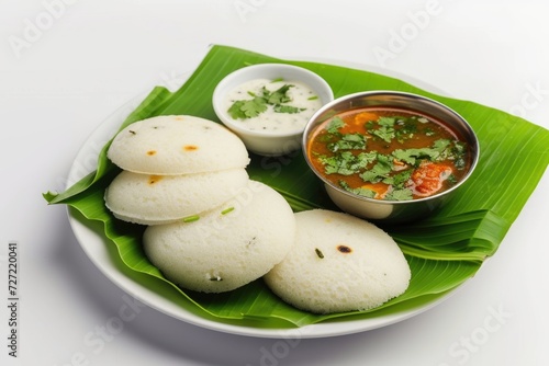 Idly sambar or Idli with Sambhar and green  red chutney. Popular South indian breakfast photo