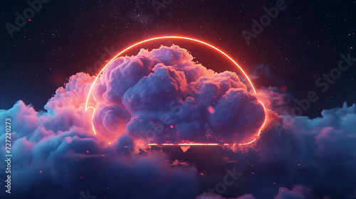 an abstract neon-lit cloud surrounded by a neon light ring in the dark night sky, forming a glowing geometric shape with a round frame