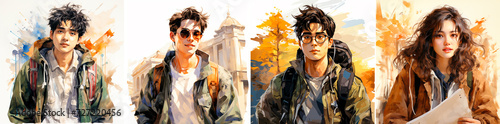 watercolor illustrations of Korean students. Illustrations can be used for a variety of purposes, such as teaching materials, website graphics, or social media content.