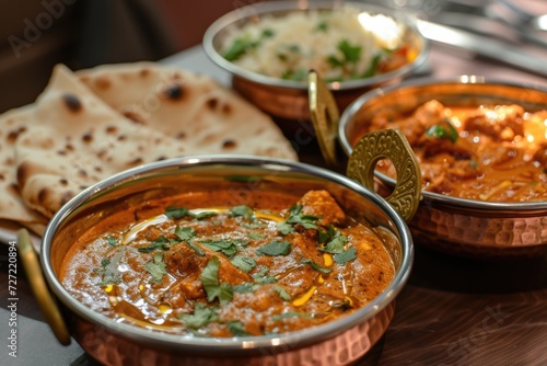 Indian Food in Copper Brass Bowl with Bread