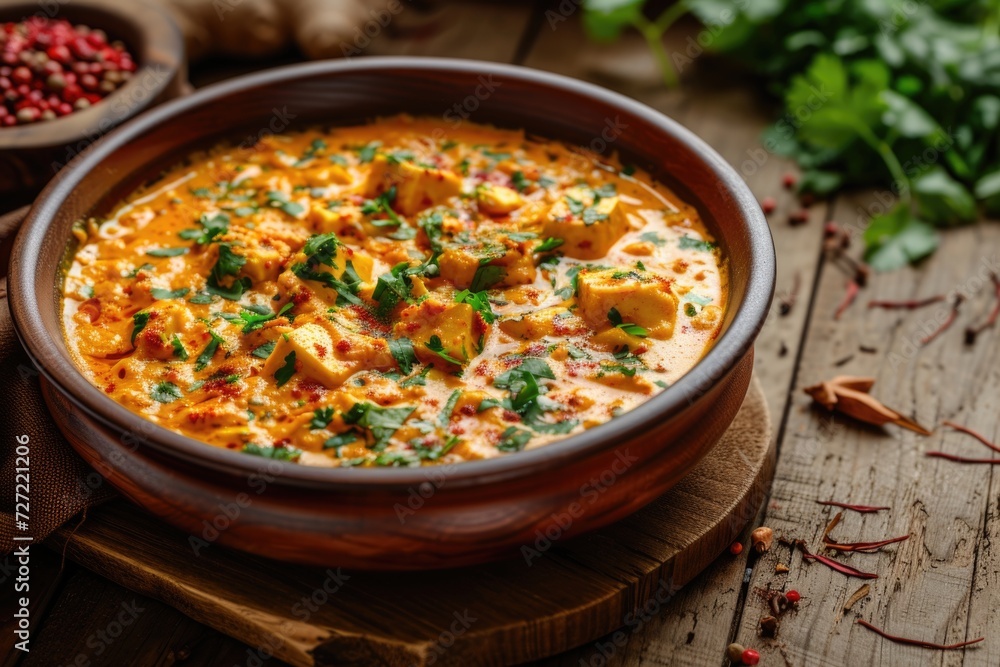 Indian Mutter paneer dish with spices on the wooden background Indian Mutter paneer dish with spices on the wooden background