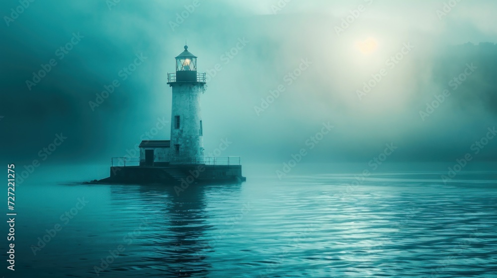 Lighthouse in a foggy sea show the direction - loneliness and hope concept