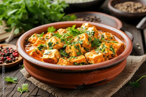 Indian Mutter paneer dish with spices on the wooden background