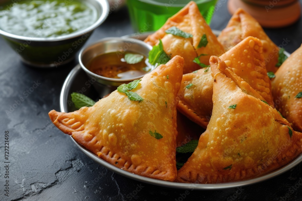 keema samosa with fresh mint dipping sauce indian food Stock Photo