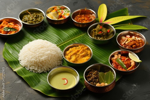 indian cuisine  meals served on banana leaf  traditional south indian cuisine photo