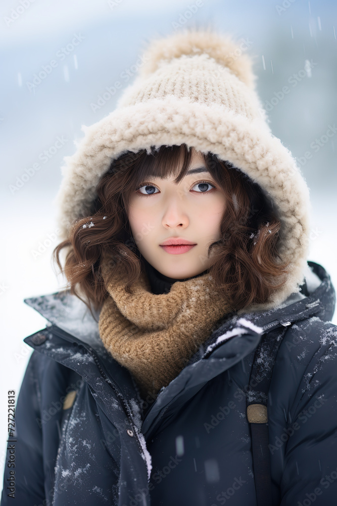 An asian girl wearing a hat walking through a snowy forest. Generative AI An asian girl wearing a hat walking through a snowy forest. Generative AI