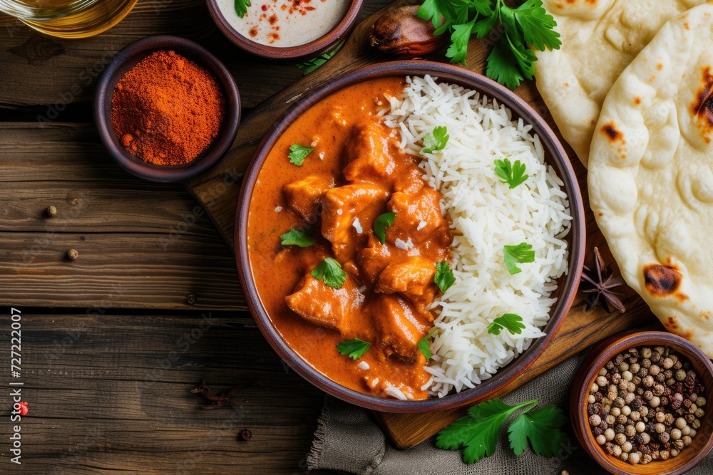 Spicy chicken tikka masala with rice and naan bread. Spicy chicken tikka masala with rice and naan bread.