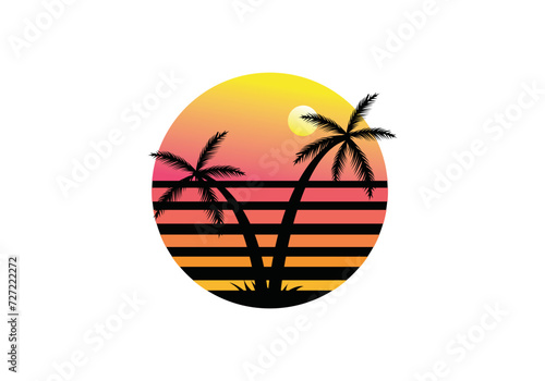 retro sunset palm tree vector icon logo illustration template white background