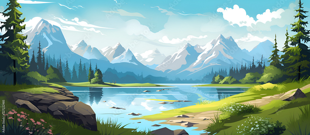 A mountain lake with a river and mountains in the background.AI Generative
