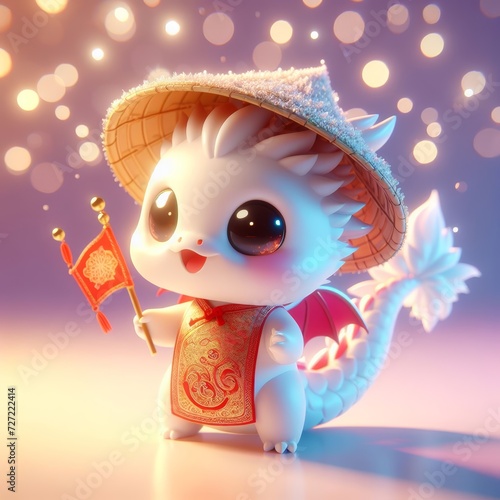 Cute tiny white Vietnamese Dragon put on the traditional clothing