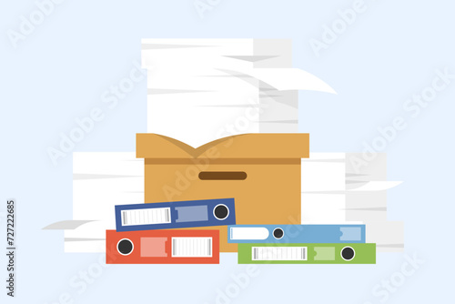 Pile of paper documents and file folders, Unorganized paper sheets and file binders.