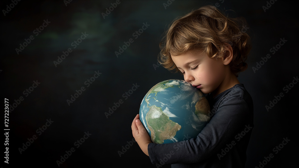 Young child hugging earth, save planet, earth day, sustainable living, ecology environment, climate emergency action, world environment day concept, illustration for global warming content Young child hugging earth, save planet, earth day, sustainable living, ecology environment, climate emergency action, world environment day concept, illustration for global warming content