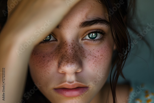 Freckled Harmony  A Vivid Portrait of a Woman Embracing Her Natural Beauty