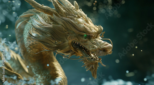 Beautiful chinese Dragon in front of dark with gold chinese dragon and light gold emerald color © Yulita