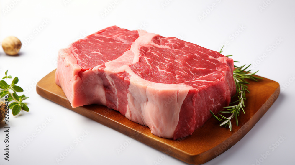 Raw steak piece on a wooden tray