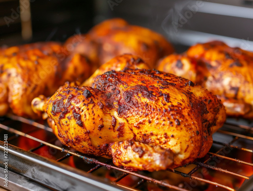 Golden roasted chicken seasoned with herbs, cooking on the grill.