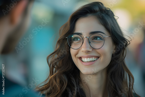 Enchanting Exchange: A Radiant Woman With Glasses Beams at a Grinning Man