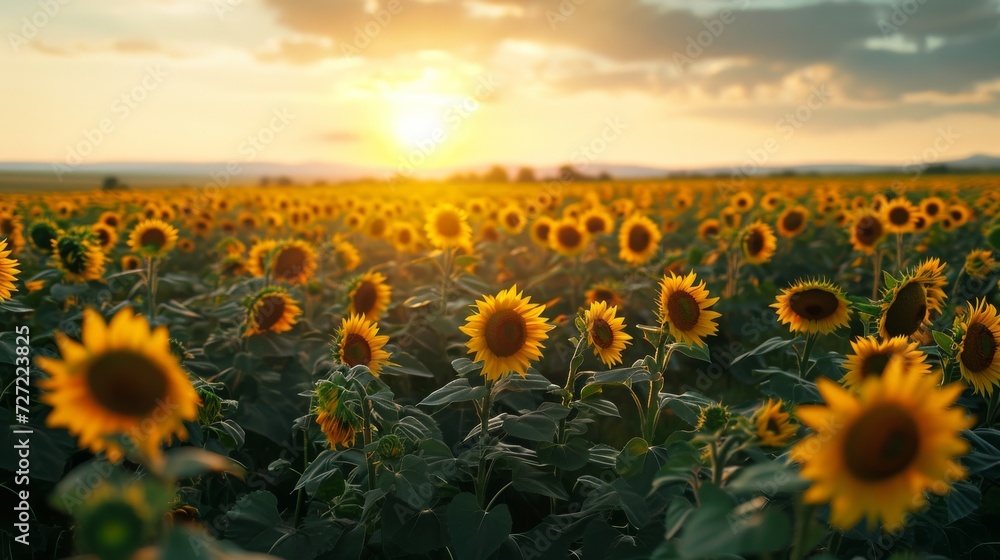 Obraz premium Vast Field of Sunflowers Under Cloudy Blue Sky, Summer Day