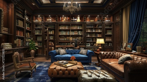 Leather sofa with cushions standing on living room with stylish interior design and collections books on bookshelves in library. Work cabinet